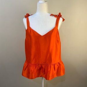 JCrew Orange 100% Silk Tie Shoulder Ruffle Top